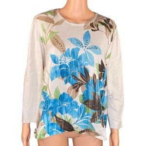 Alfred Dunner Blue and Brown Floral Long Sleeve Top